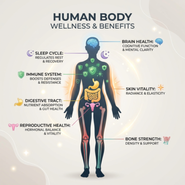 Diagram showing seven documented health benefits of poppy seeds across body systems.
