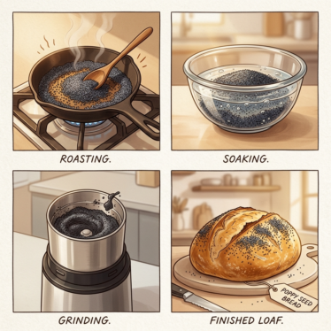 Four preparation methods for poppy seeds: roasting, soaking, grinding, and baking.