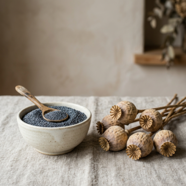 Side-by-side comparison of edible poppy seeds and dried decorative poppy pods.