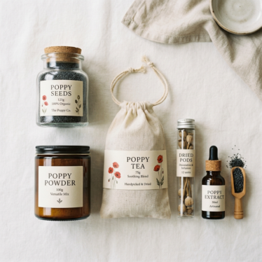 Premium poppy product range including seeds, poppy powder, poppy tea, and dried pods.