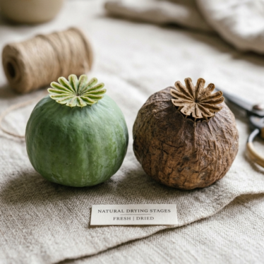 Green and dried botanical pods shown side by side for comparison.