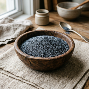 Premium blue poppy seeds in a wooden bowl ready for baking and cooking.