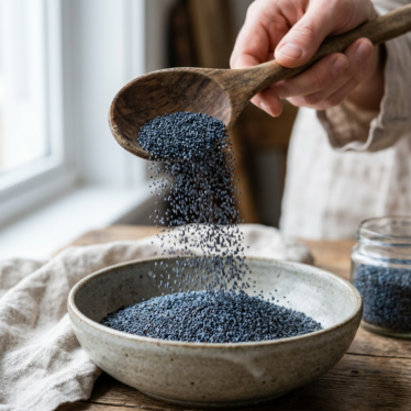 Premium blue poppy seeds pouring from a wooden spoon, showing deep slate-blue color and clean texture.