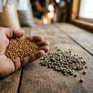 Side-by-side comparison of premium blue poppy seeds versus faded, low-grade seeds.
