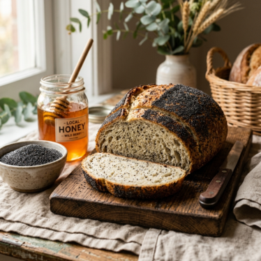 Premium blue poppy seed loaf cake sliced open next to a bowl of seeds and honey.