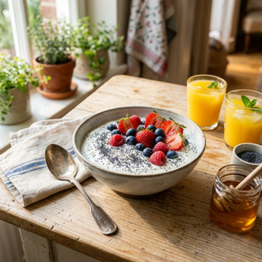 Healthy breakfast bowl topped with blue poppy seeds, berries, and yogurt showing their nutritional value.