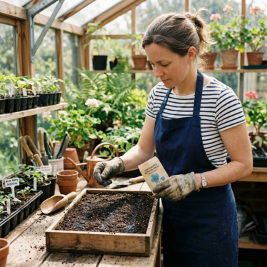 Gardener surface-sowing premium blue poppy seeds into a well-drained seed tray.