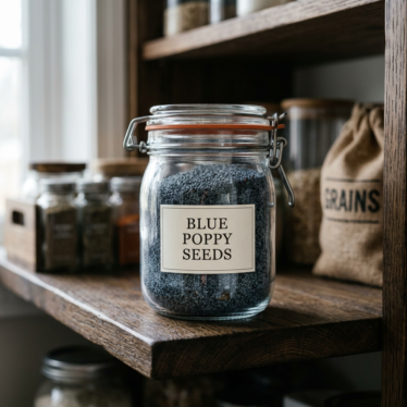 Premium blue poppy seeds stored in a labeled airtight glass jar on a pantry shelf to stay fresh.