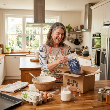 Home cook happily unpacking premium blue poppy seeds ordered online from a trusted supplier