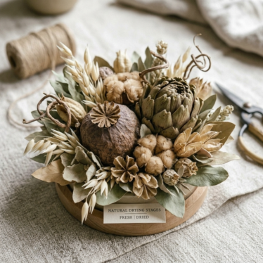 Dried botanical pods used in a neutral floral arrangement.