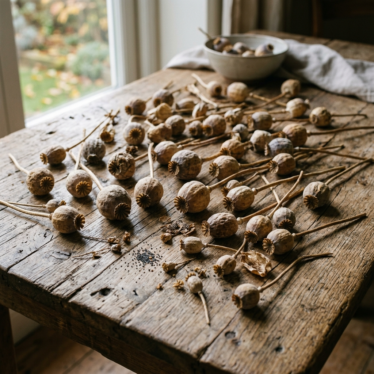 Assortment of dried premium poppy pods arranged on a rustic wooden table for floral crafting.