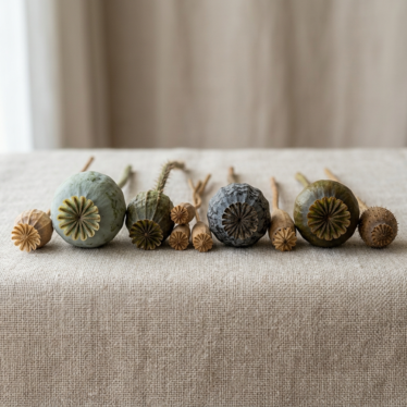 Close-up comparison of opium poppy pods, papaver poppy pods, and dried poppy pod heads showing size and texture differences.