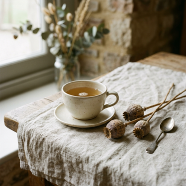 Ceramic teacup of poppy pod tea surrounded by dried poppy pods on a natural linen cloth.