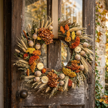 Handmade autumn wreath decorated with dried poppy pods, wheat stalks, and assorted dried flowers.
