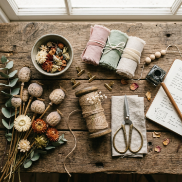 Flat lay of crafting supplies featuring dried poppy pods, twine, scissors, and ribbon for DIY decoration projects.