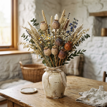 Austrian dried poppy pods arranged in a rustic decorative bouquet