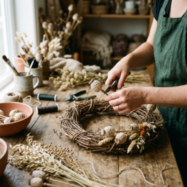 Crafter wiring Austrian dried poppy pods onto a rustic grapevine wreath base