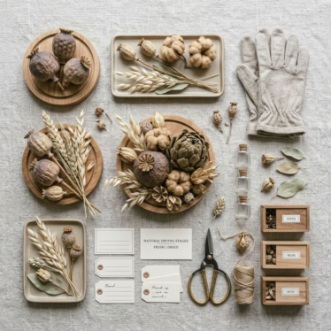 Dried botanical pods with labels and gloves for safe decorative handling.