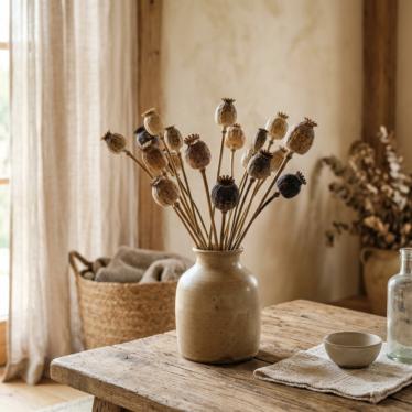 Sustainable Austrian dried poppy pods used in eco-friendly natural home decor
