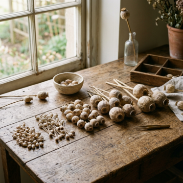 Bulk Austrian dried poppy pods sorted by size on a wooden crafting table
