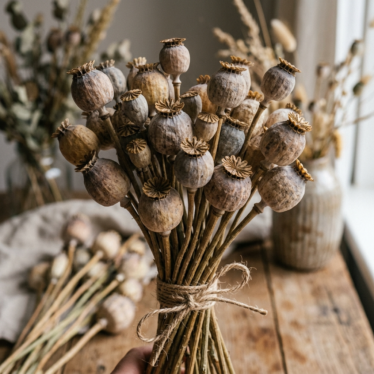 close-up of dried poppy pods for decorative use, arranged in a rustic bouquet