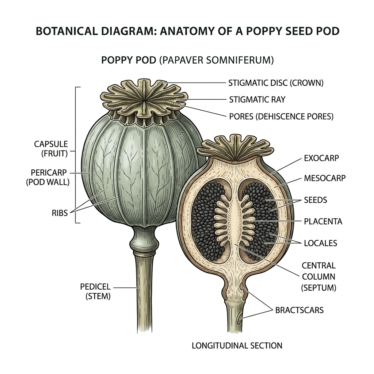 diagram of a poppy pod showing the crown, seed capsule, and stem