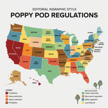 stylized US map highlighting that poppy pod regulations vary by state