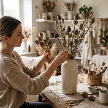 customer arranging dried poppy pods into a decorative vase display
