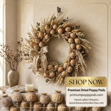 finished decorative wreath featuring premium dried poppy pods 