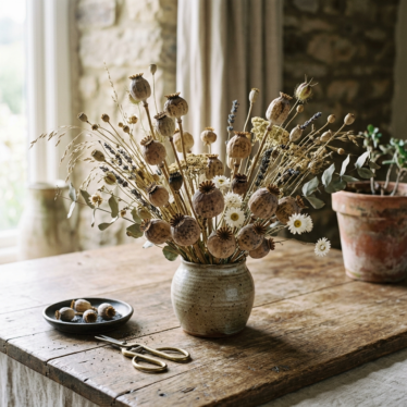 Austrian dried poppy pods in a rustic floral arrangement