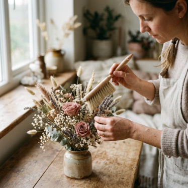Gentle cleaning of a dried floral arrangement using a soft makeup brush to preserve the poppy pods.
