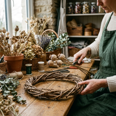 Crafter wiring Austrian dried poppy pods onto a grapevine wreath base