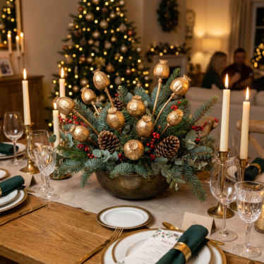 Austrian dried poppy pods sprayed gold in a festive holiday centerpiece