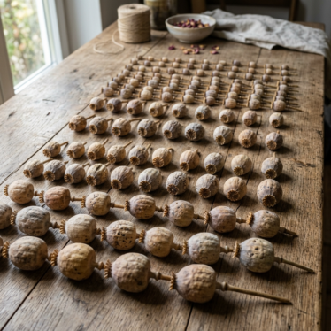 Bulk Austrian dried poppy pods sorted by size on a crafting table