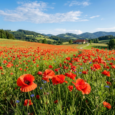 premium Austrian poppy flower blooming in a sunlit Austrian field