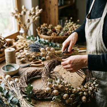 crafter wiring Austrian dried poppy pods onto a rustic grapevine wreath
