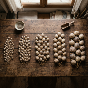 bulk Austrian dried poppy pods sorted by size on a wooden crafting table