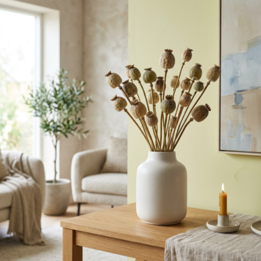 Austrian poppy pods without seeds arranged in a modern ceramic vase for natural home décor