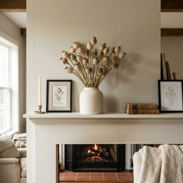 Decorative dried poppy pods displayed on a mantel with neutral home styling