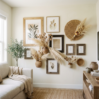 Decorative dried poppy pods styled with pampas grass on a boho-inspired gallery wall
