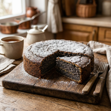 Traditional Austrian poppy seed cake (Mohnkuchen) sliced to show dark poppy seed crumb.