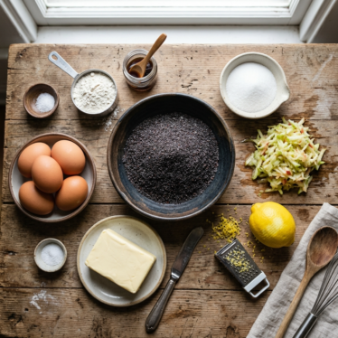 Key ingredients for Austrian poppy seed cake including ground poppy seeds, eggs, and apple.