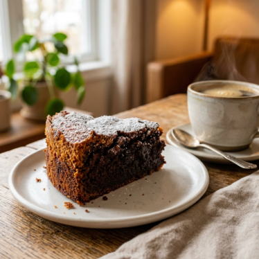 Finished Austrian poppy seed cake dusted with powdered sugar served with coffee.