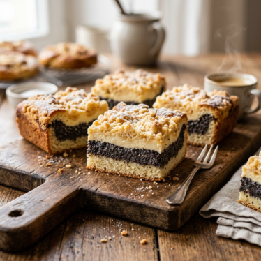 German Mohnkuchen squares with poppy seed filling, cream layer, and streusel topping.