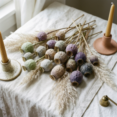 Styled table arrangement featuring colorful dried opium poppy pods mixed with pampas grass, linen runner, and ceramic taper candle holders in a natural botanical aesthetic."