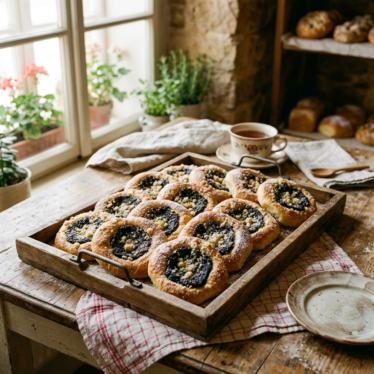 Czech koláče pastries with sweet poppy seed filling in dimpled centers.