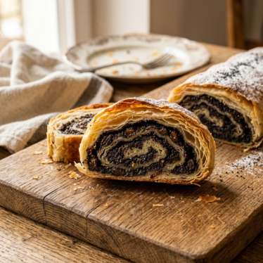 Austrian poppy seed pastry Mohnstrudel sliced to show dark poppy seed filling swirl.