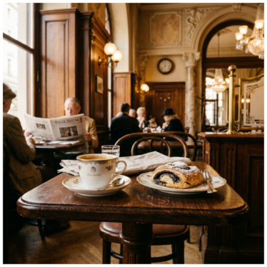 Traditional Austrian Mohn pastry served with coffee in a Viennese setting.