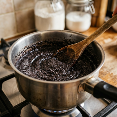 Cooking Austrian poppy seed filling with milk, butter, and honey for Mohnstrudel.