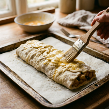 Brushing raw Mohnstrudel with egg wash for a glossy golden Austrian pastry crust.